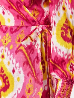 Abito corto in lino brillante con stampa ikat