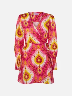 Abito corto in lino brillante con stampa ikat