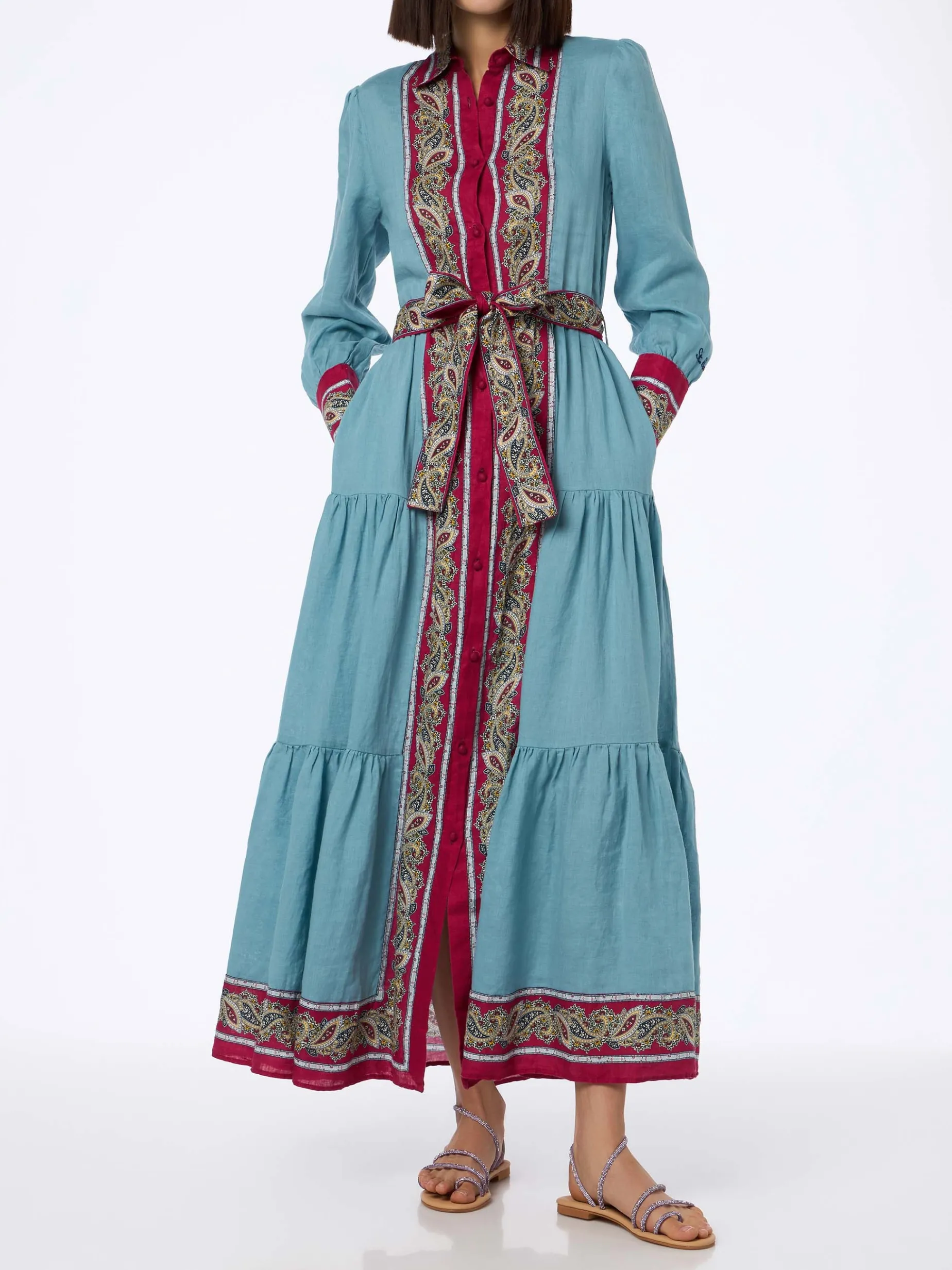 Abito da donna in lino azzurro chiaro Jensen con stampa piazzata paisley