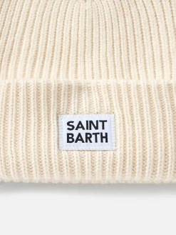 Berretto da donna a coste bianco Berry con toppa St. Barth