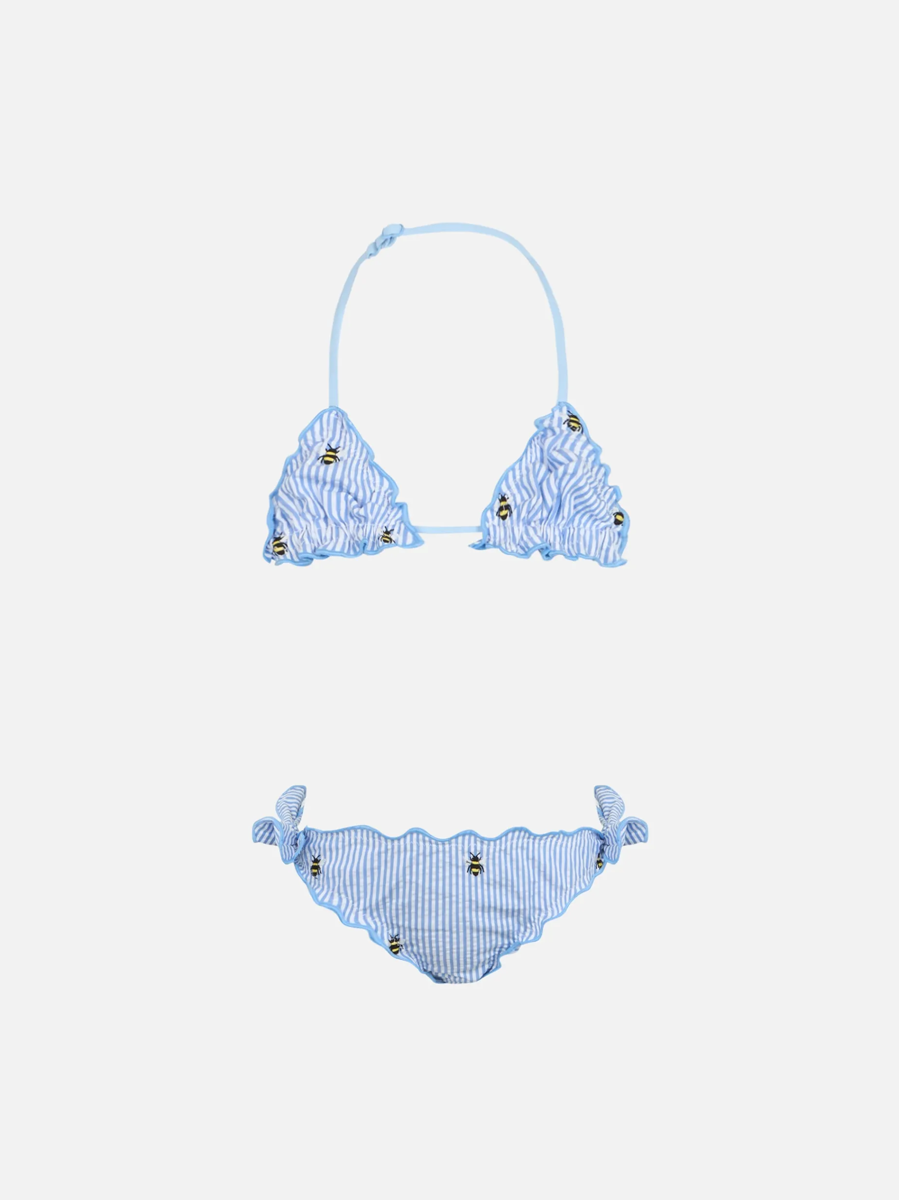 Bikini classico a triangolo da bambina in seersucker Cris con ricamo ape