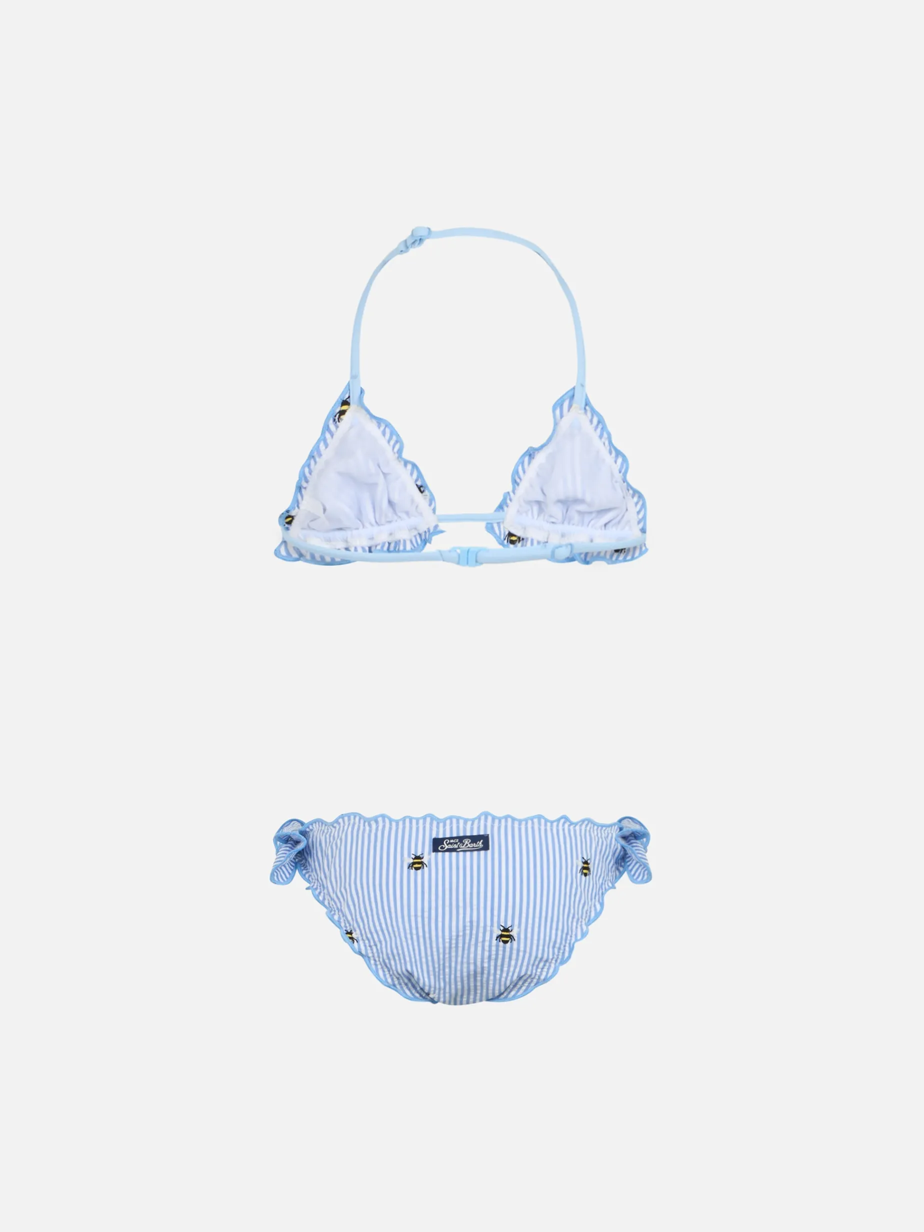 Bikini classico a triangolo da bambina in seersucker Cris con ricamo ape