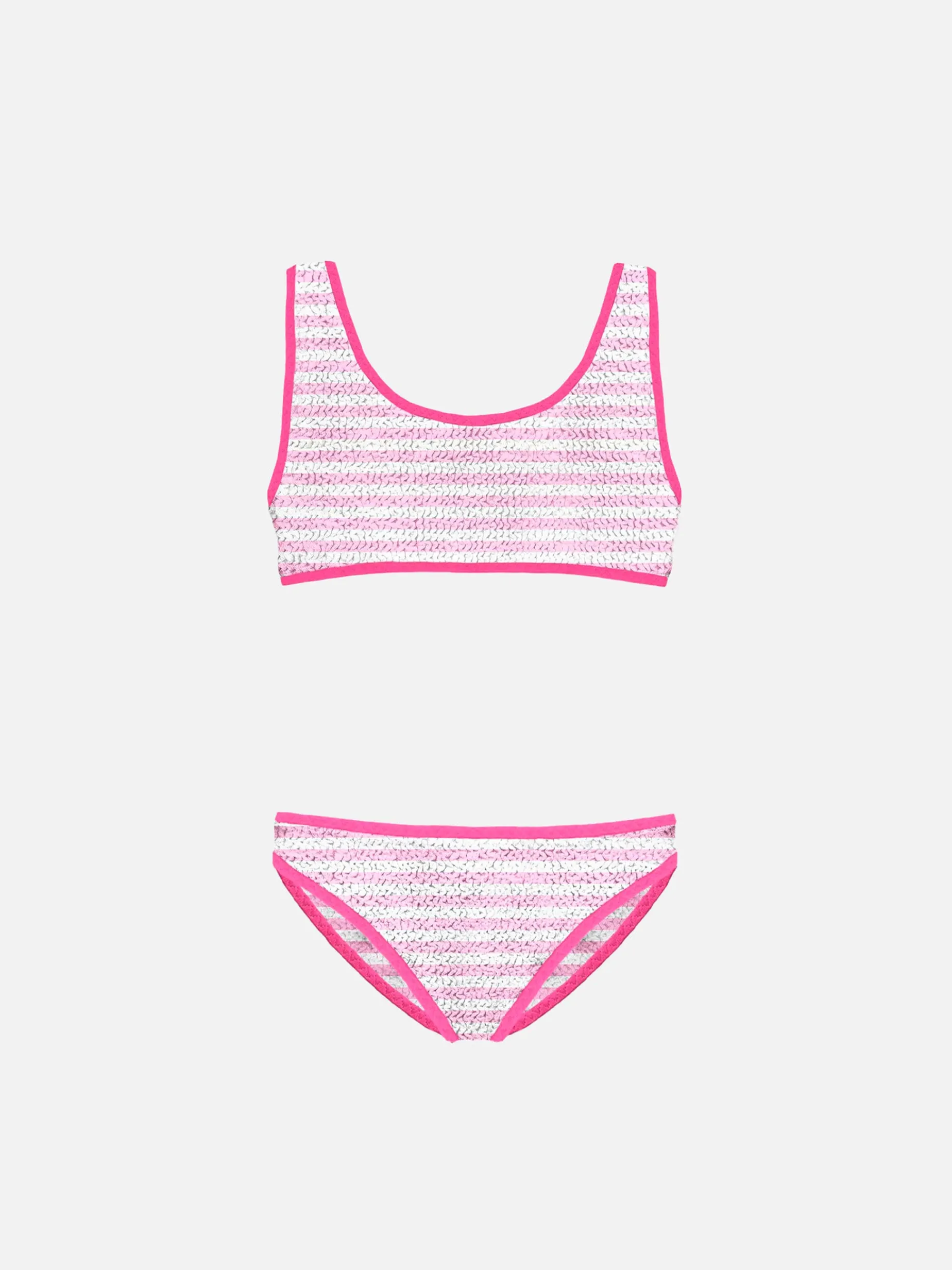 Bikini da bambina a bralette rigato crinkle con piping