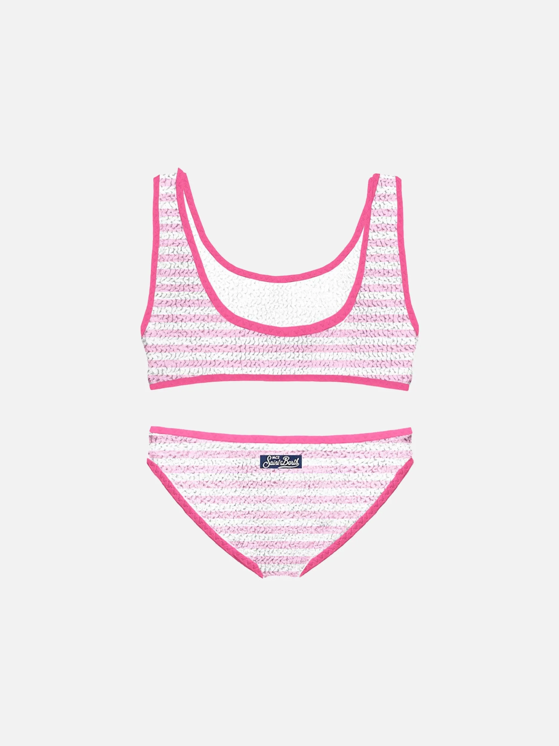 Bikini da bambina a bralette rigato crinkle con piping