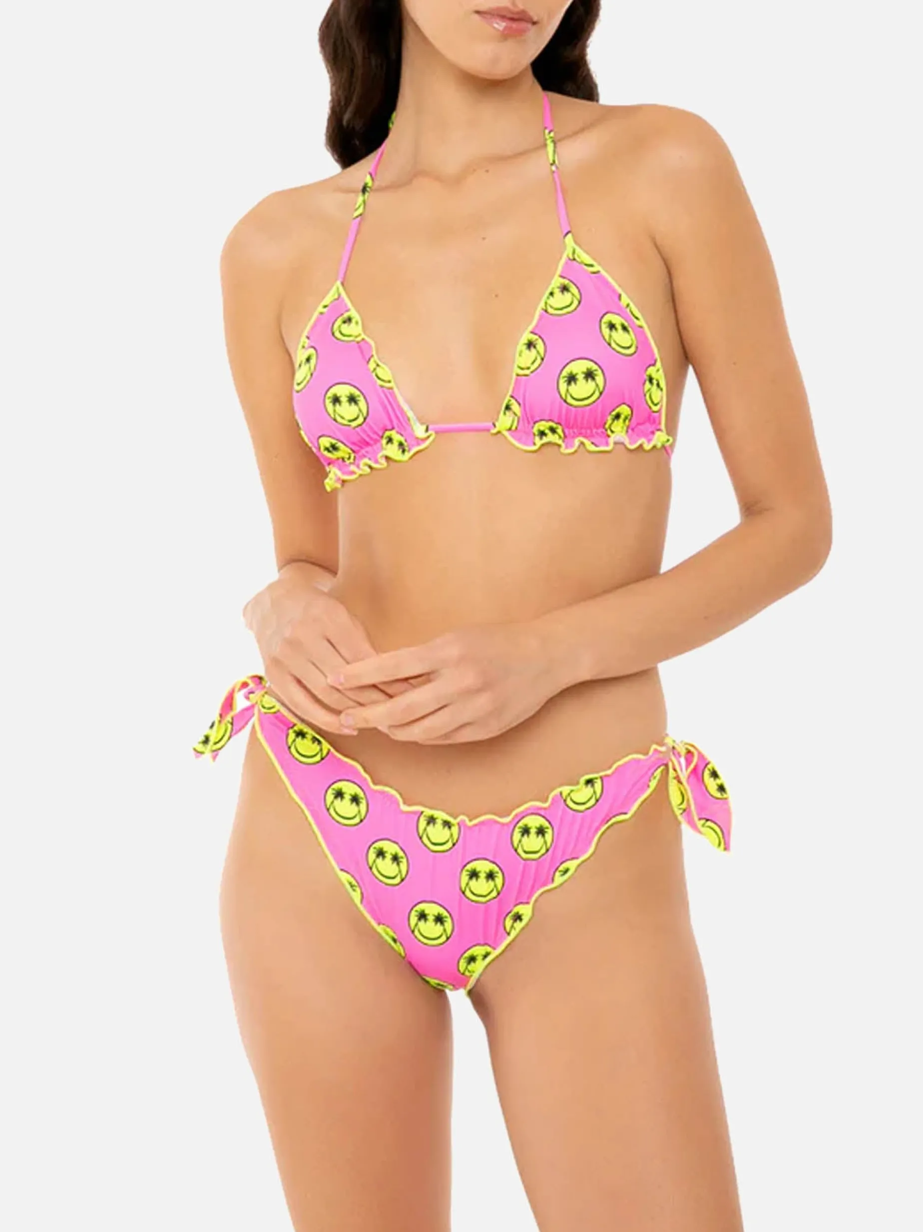 Bikini da donna a triangolo con stampa smile gialla