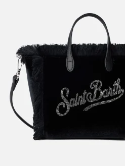 Borsa a mano Mini Vanity in velluto nero con logo Saint Barth in strass