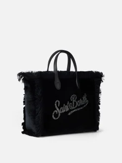 Borsa a mano Mini Vanity in velluto nero con logo Saint Barth in strass