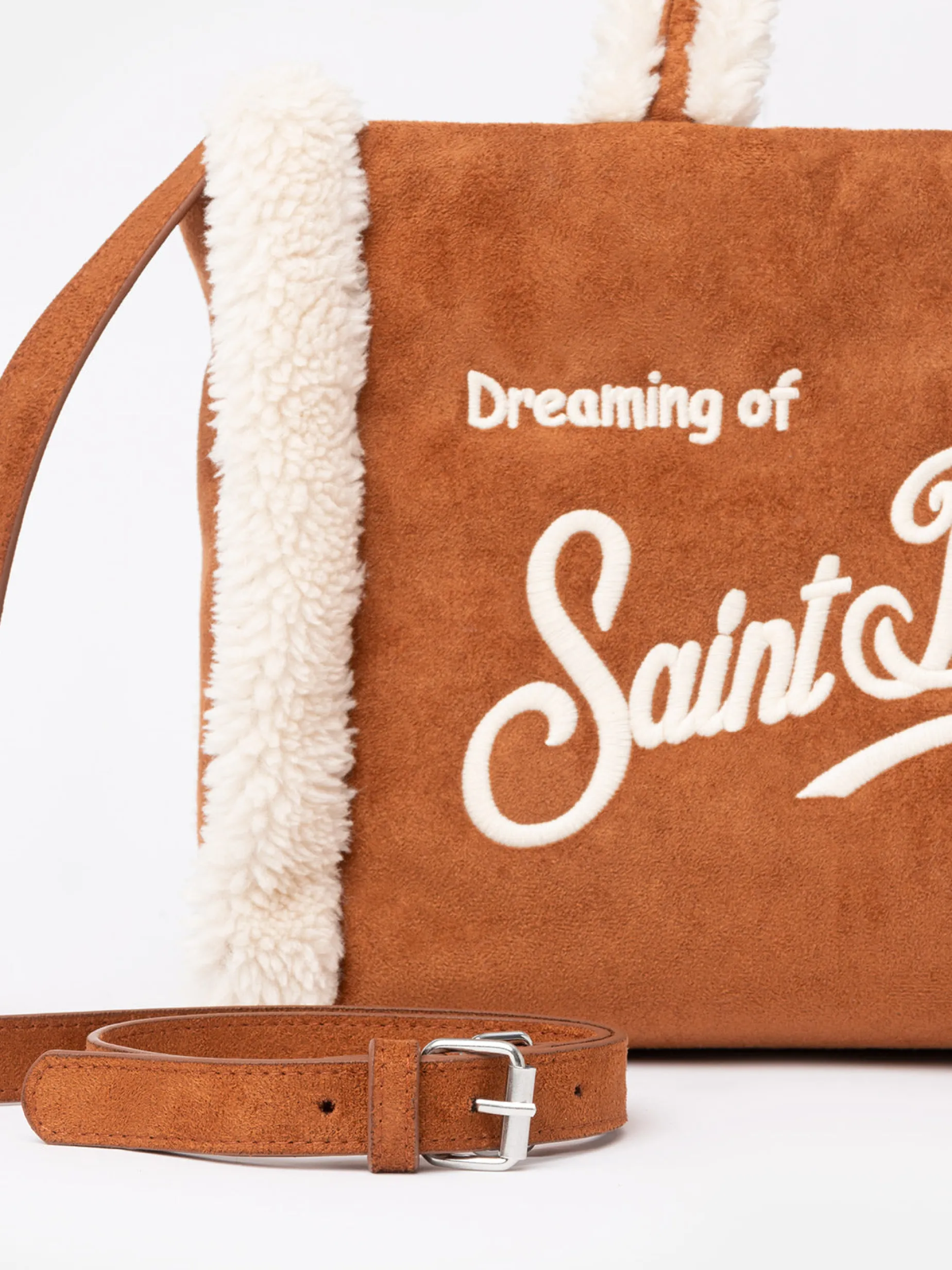 Borsa piccola morbida in pelle di montone color cammello con logo Saint Barth e tracolla