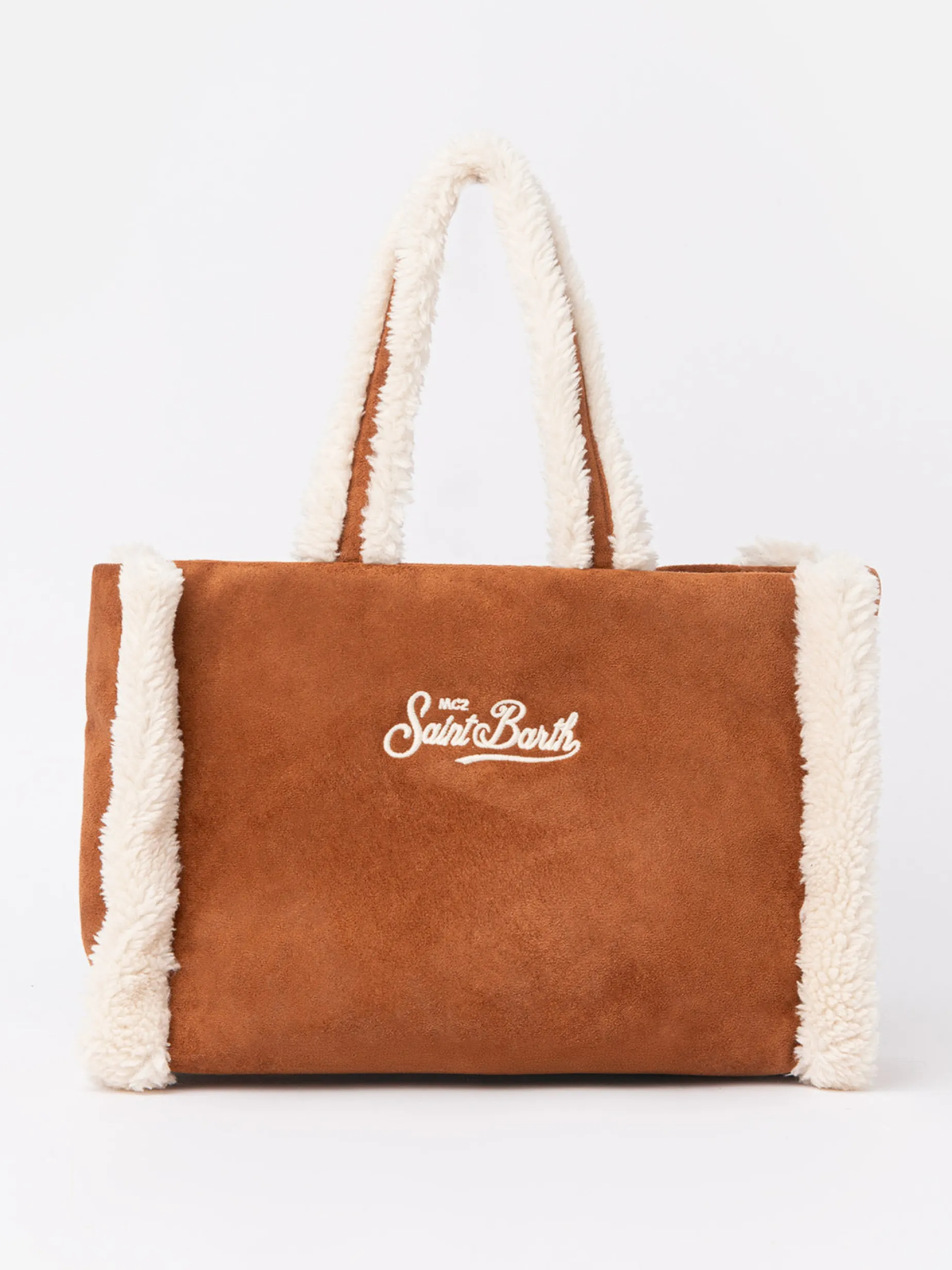 Borsa piccola morbida in pelle di montone color cammello con logo Saint Barth e tracolla