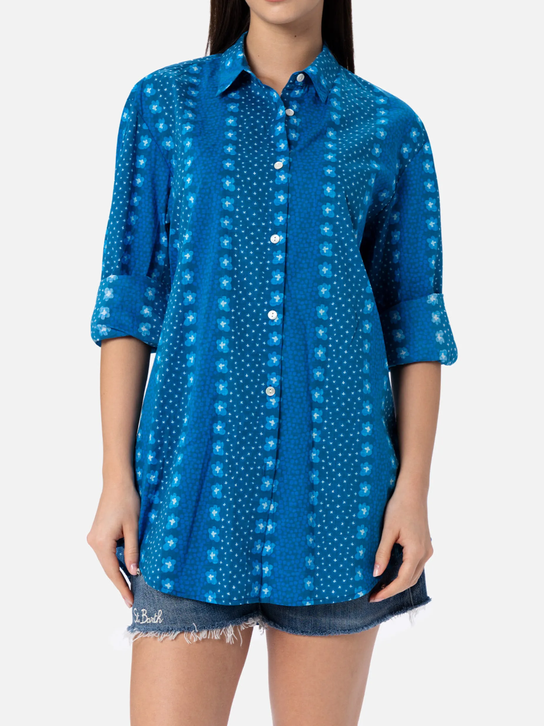 Camicia da donna Brigitte in cotone con stampa fiori indaco