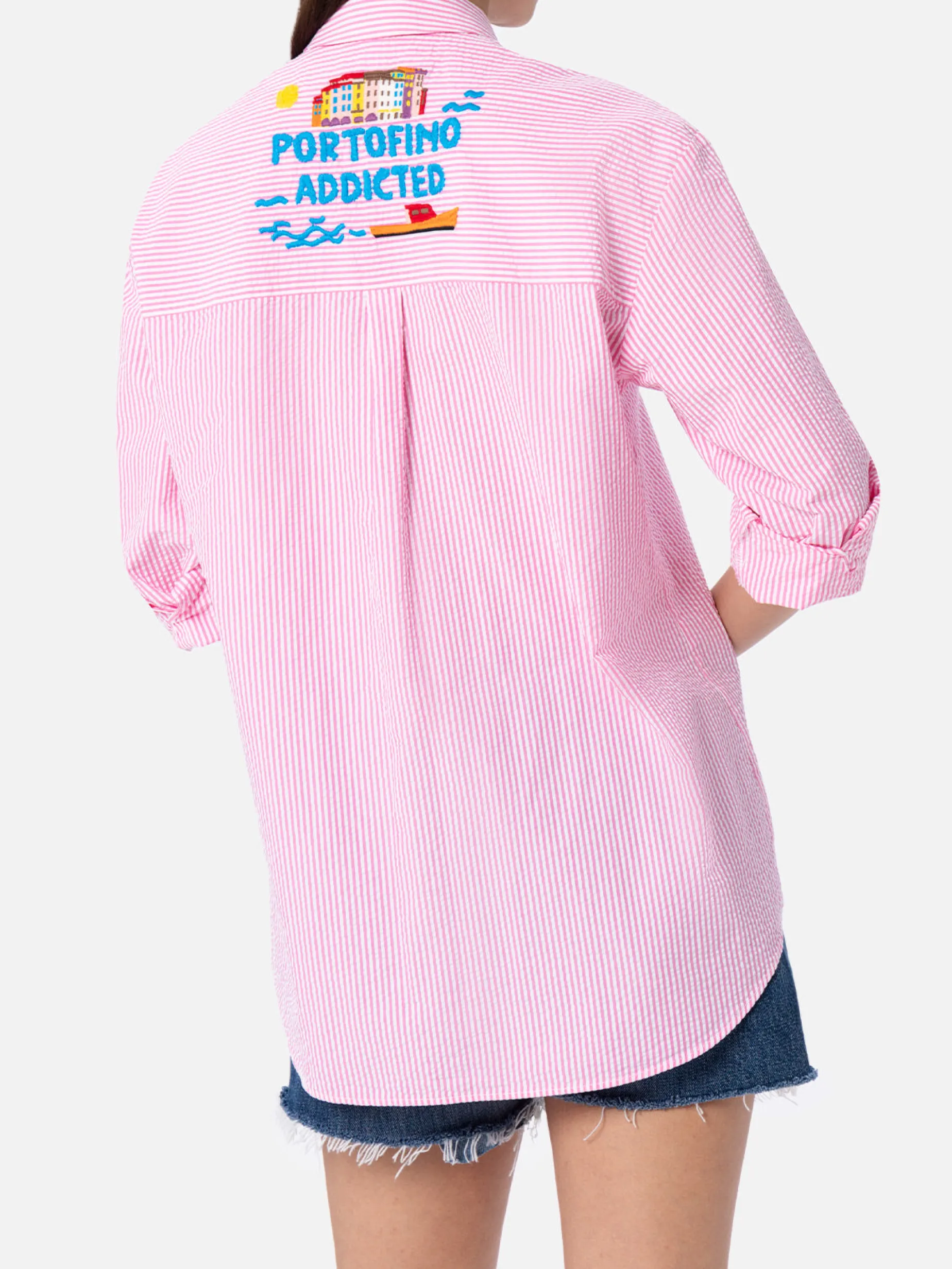 Camicia da donna Brigitte in cotone seeruscker a righe con ricamo Portofino davanti e dietro