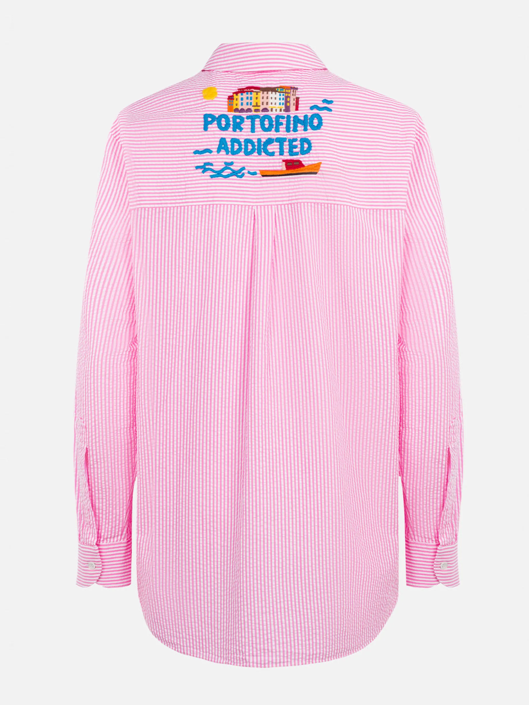 Camicia da donna Brigitte in cotone seeruscker a righe con ricamo Portofino davanti e dietro