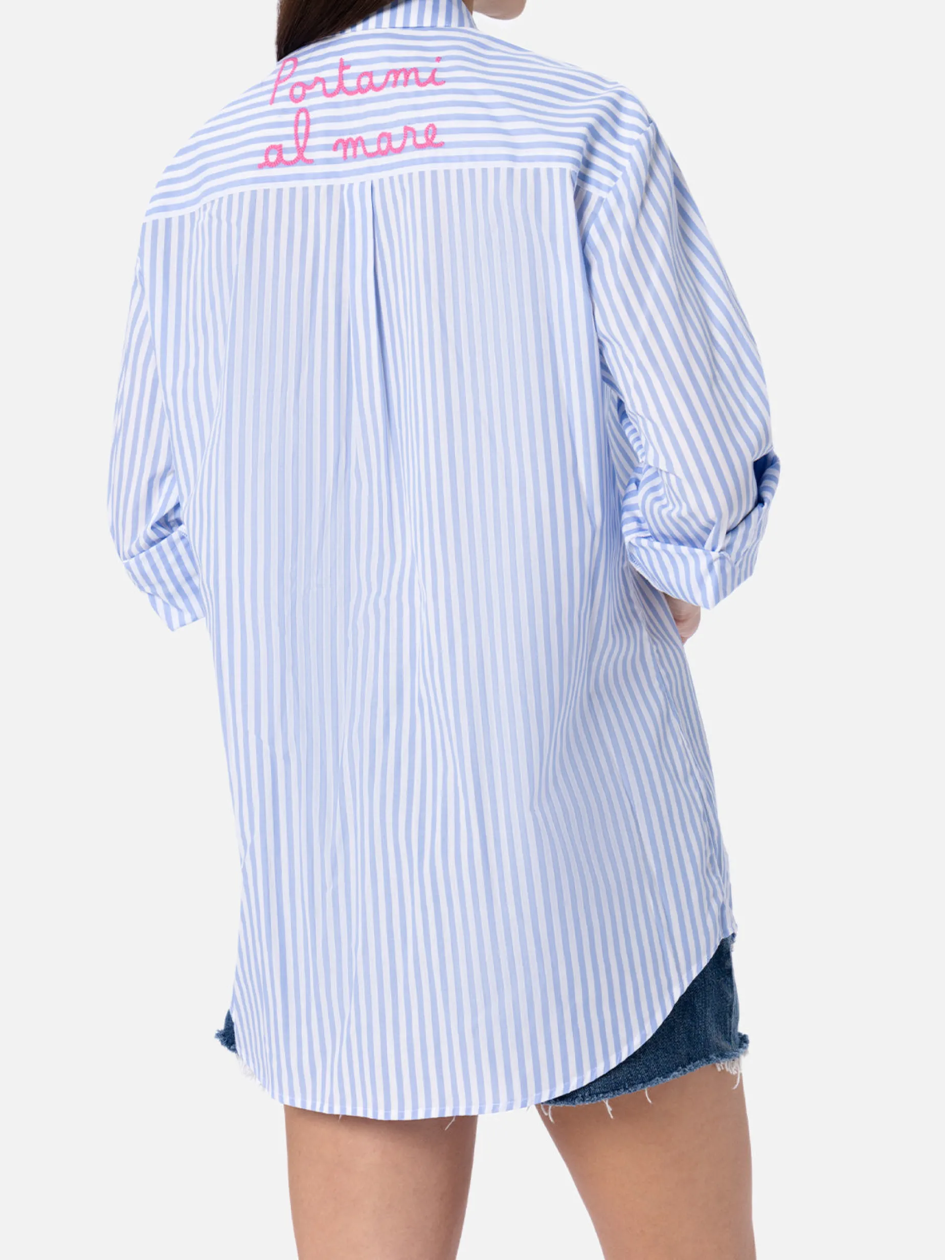 Camicia da donna in cotone Brigitte con stampa a righe azzurre