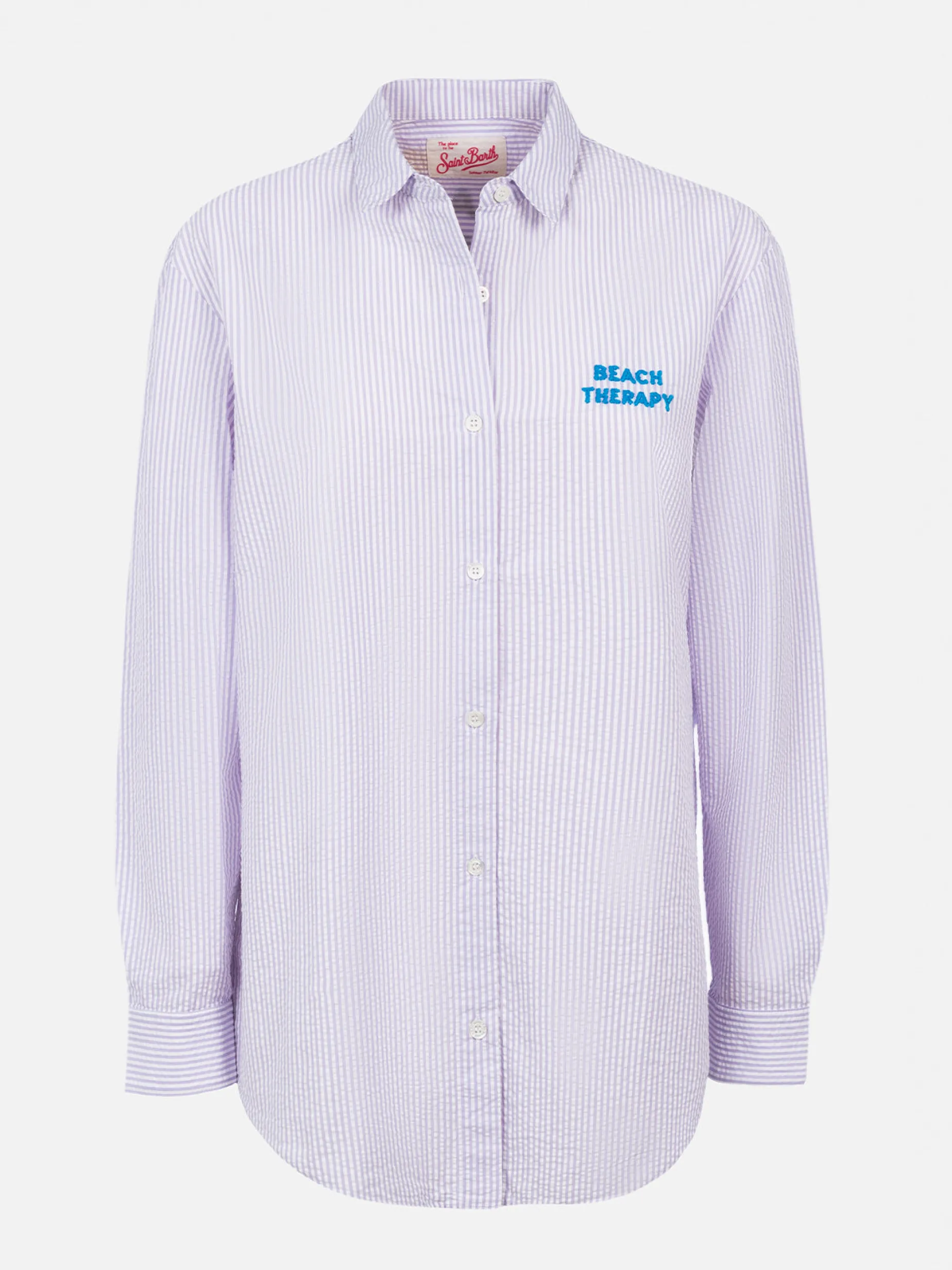Camicia da donna in cotone con stampa a righe Brigitte con ricamo Beach Therapy davanti e dietro