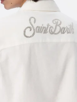 Camicia da donna in velluto a coste bianco sporco Deer con logo in strass St. Barth