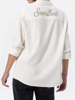 Camicia da donna in velluto a coste bianco sporco Deer con logo in strass St. Barth