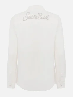 Camicia da donna in velluto a coste bianco sporco Deer con logo in strass St. Barth