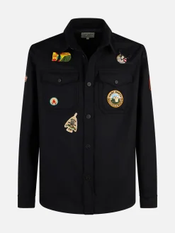 Camicia da uomo blu in lana con tasche e toppe