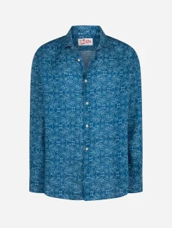 Camicia da uomo in lino blu navy Pamplona con stampa Sashiko