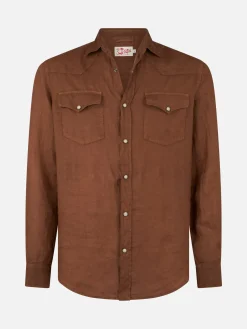 Camicia da uomo in lino marrone