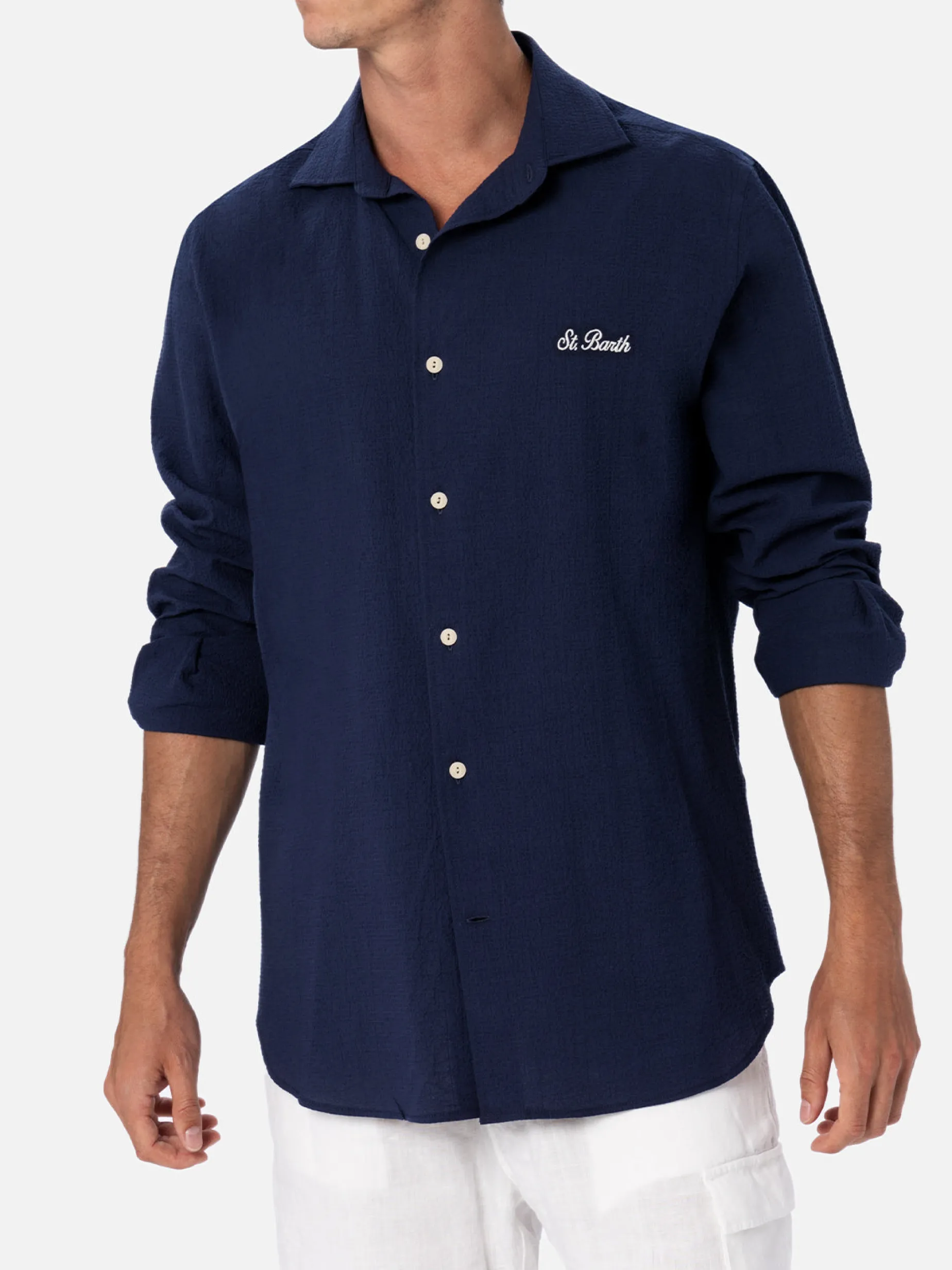 Camicia da uomo in seersucker blu in cotone Pamplona