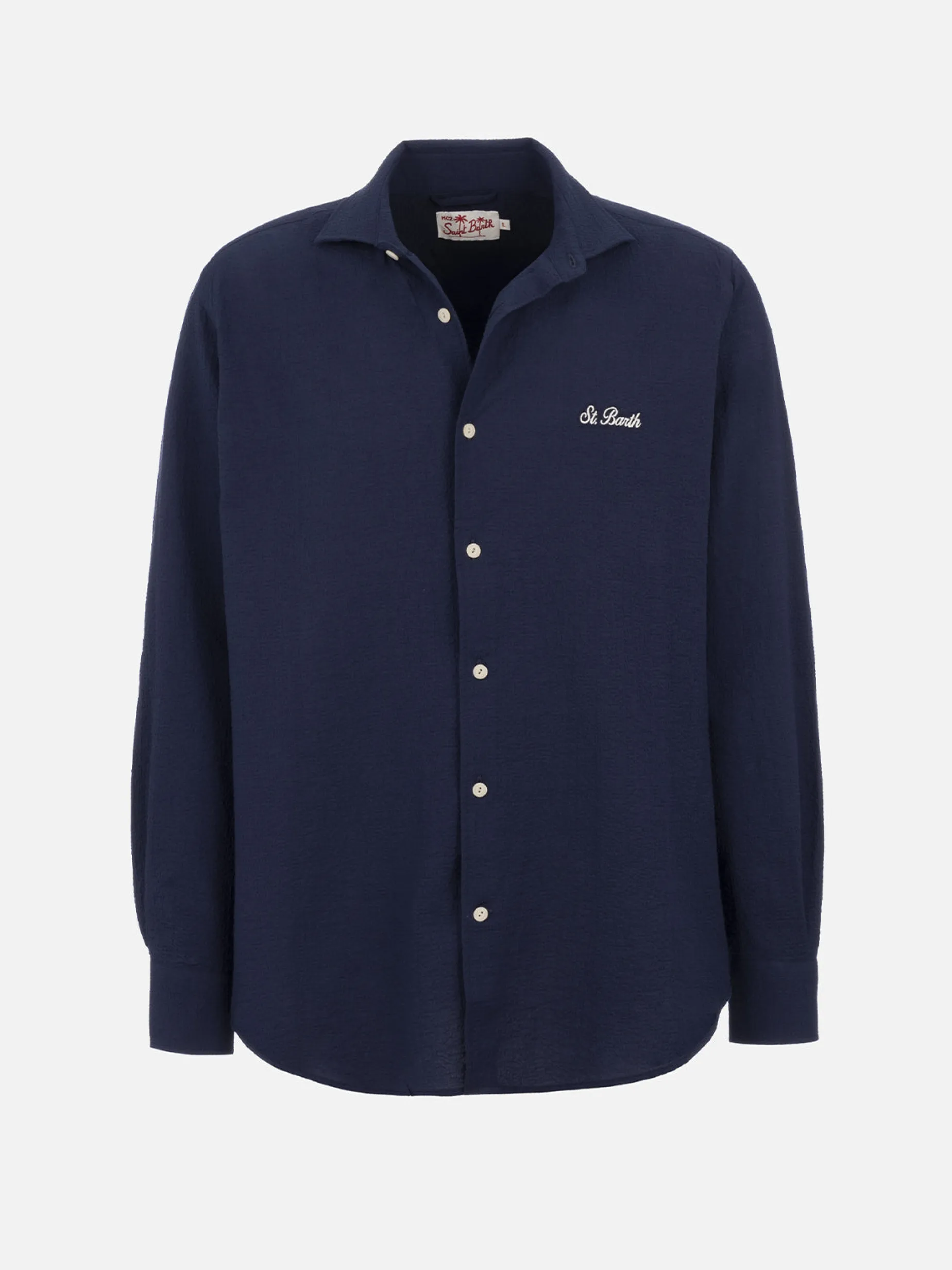 Camicia da uomo in seersucker blu in cotone Pamplona