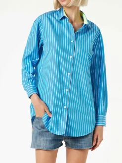 Camicia in cotone a righe con ricamo Born in St. Barth