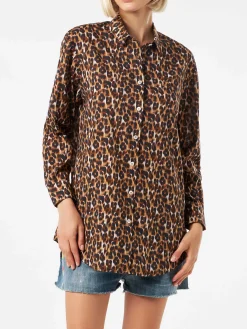 Camicia in cotone stampa leopardo con ricamo