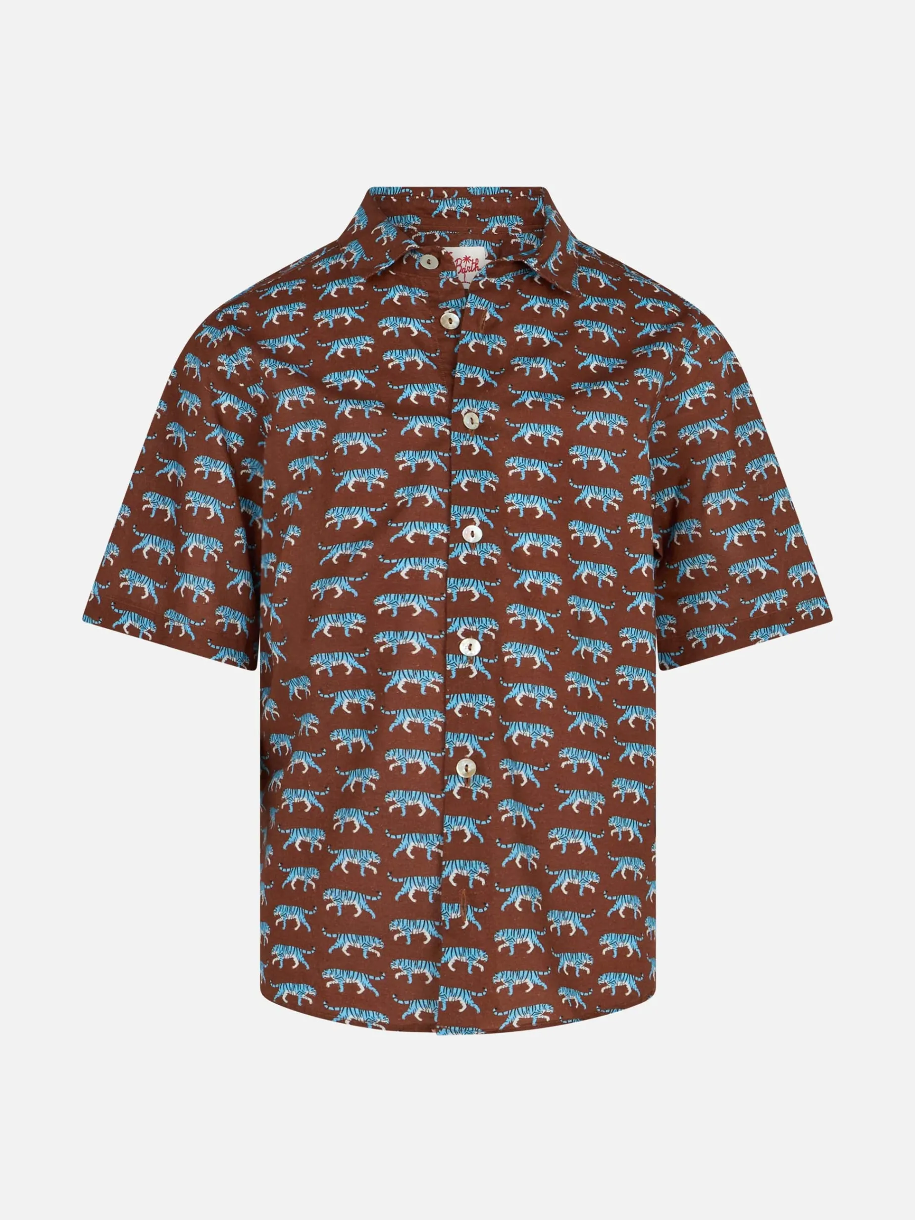 Camicia in mussola di cotone marrone da bambino Sharouk con stampa tigre