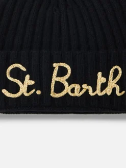 Cappello da donna a coste nero Wengen con ricamo St. Barth