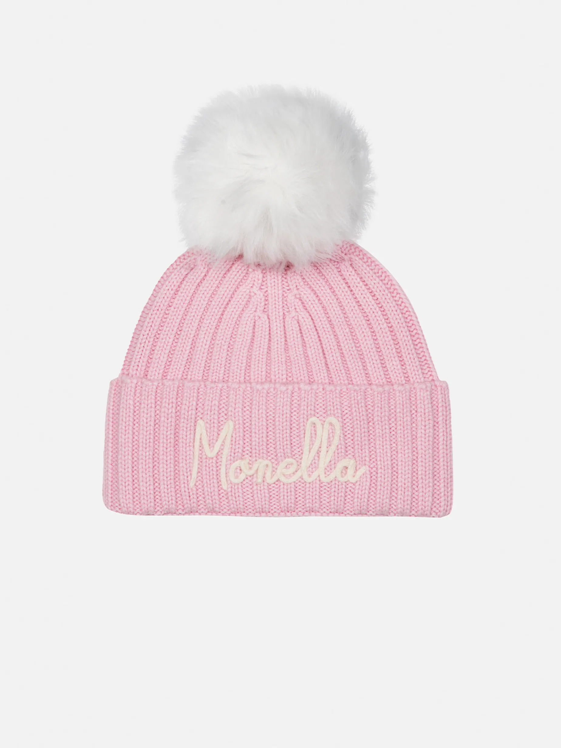 Cappello rosa da bambina Wengen con pompon e ricamo Monella