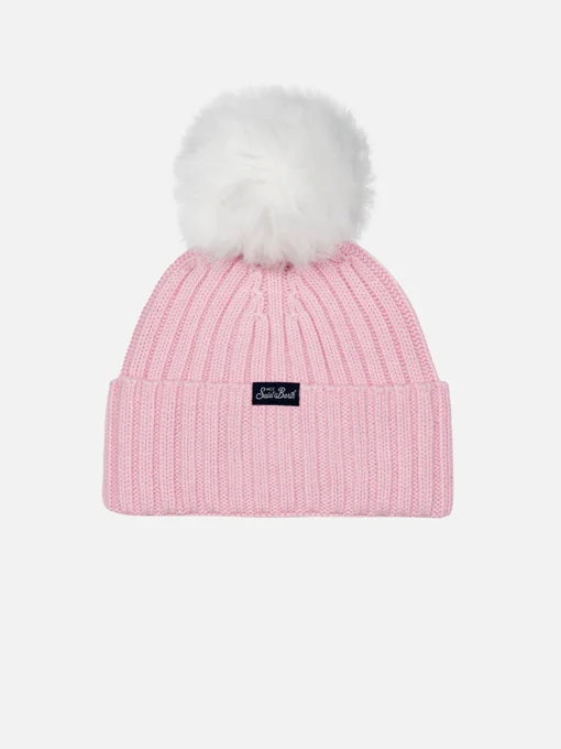 Cappello rosa da bambina Wengen con pompon e ricamo Monella