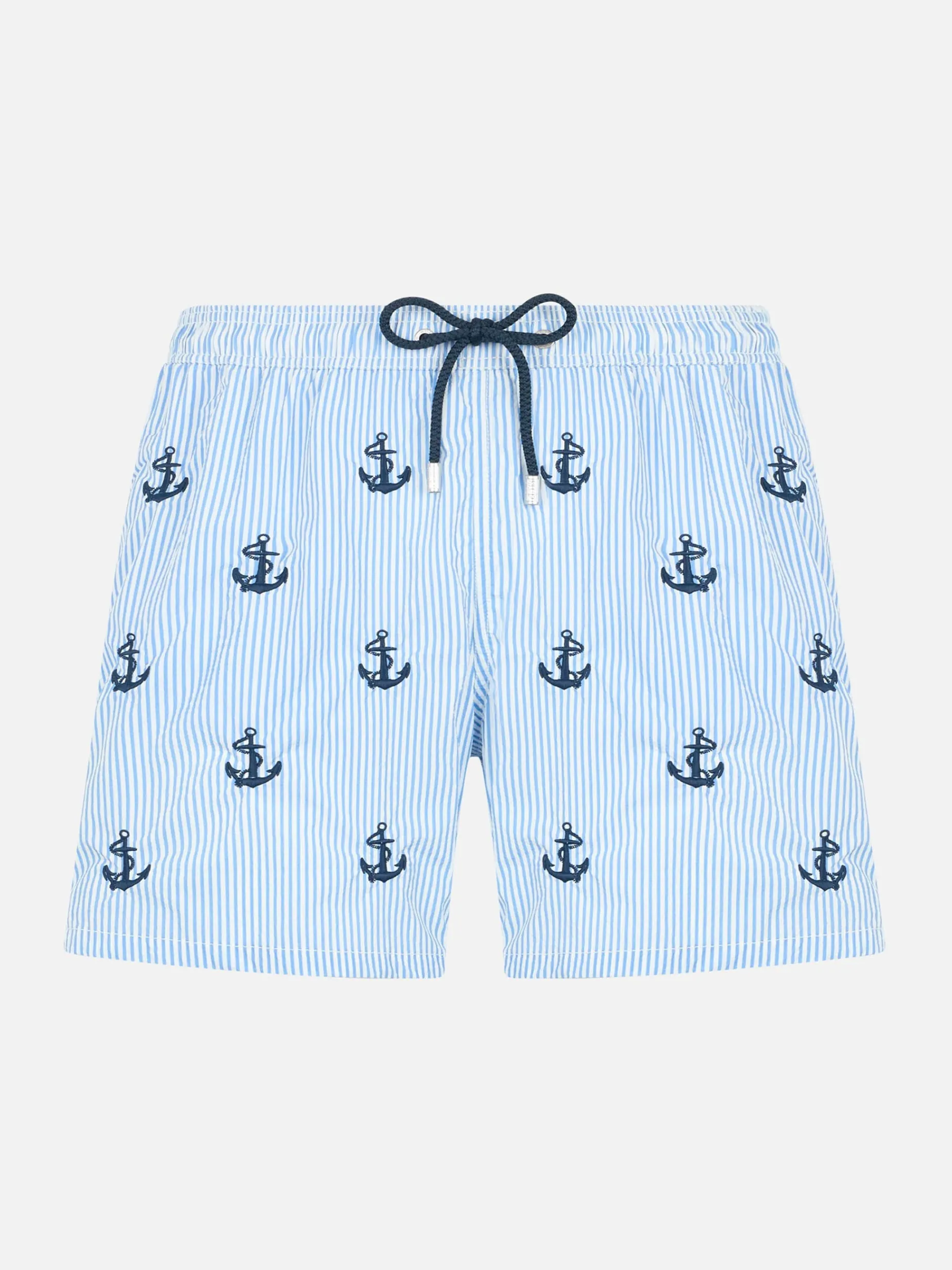 Costume da bagno da bambino in seersucker con ricamo di ancore