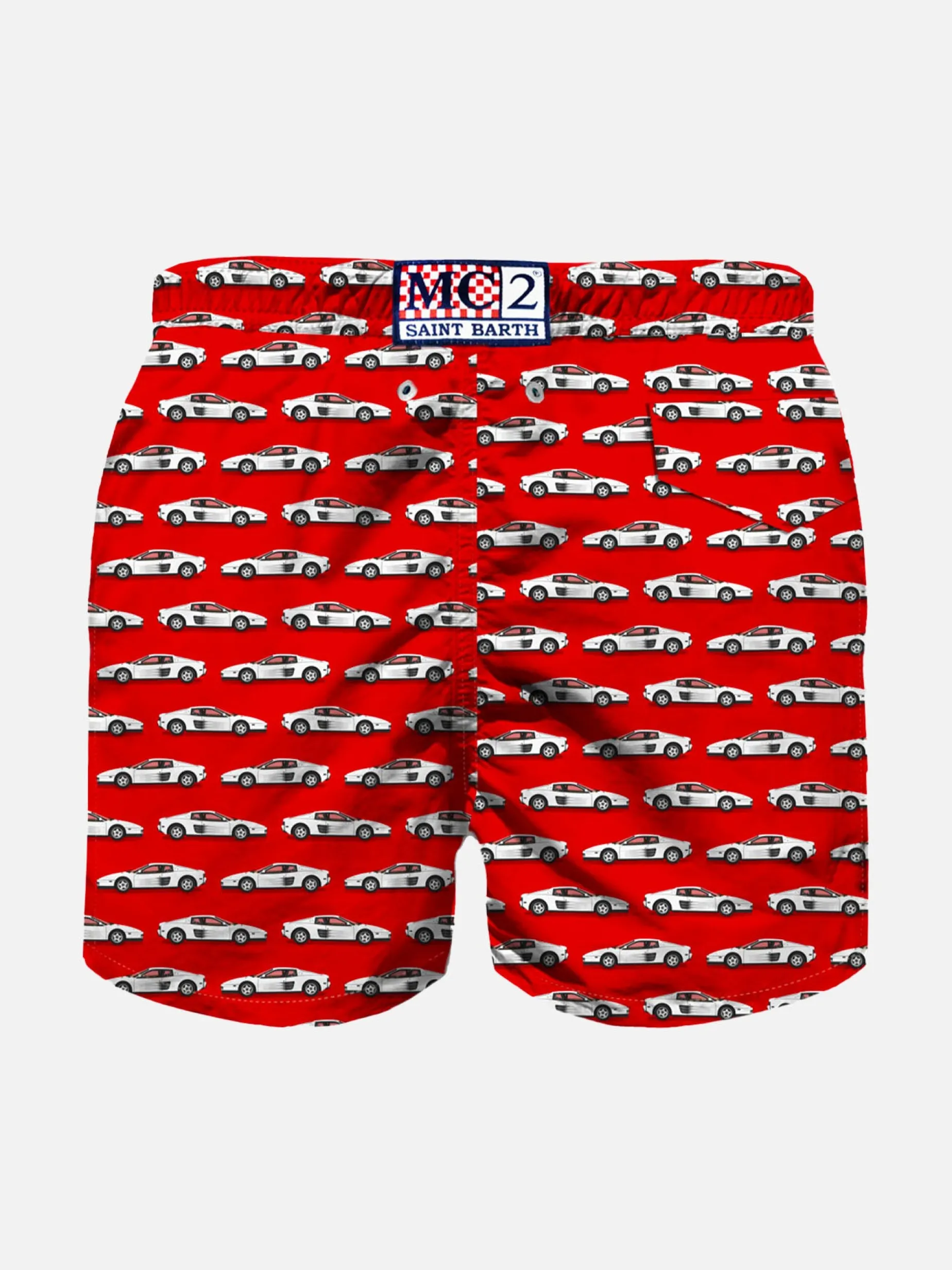 Costume da bagno da bambino in tessuto leggero stampa auto sportiva
