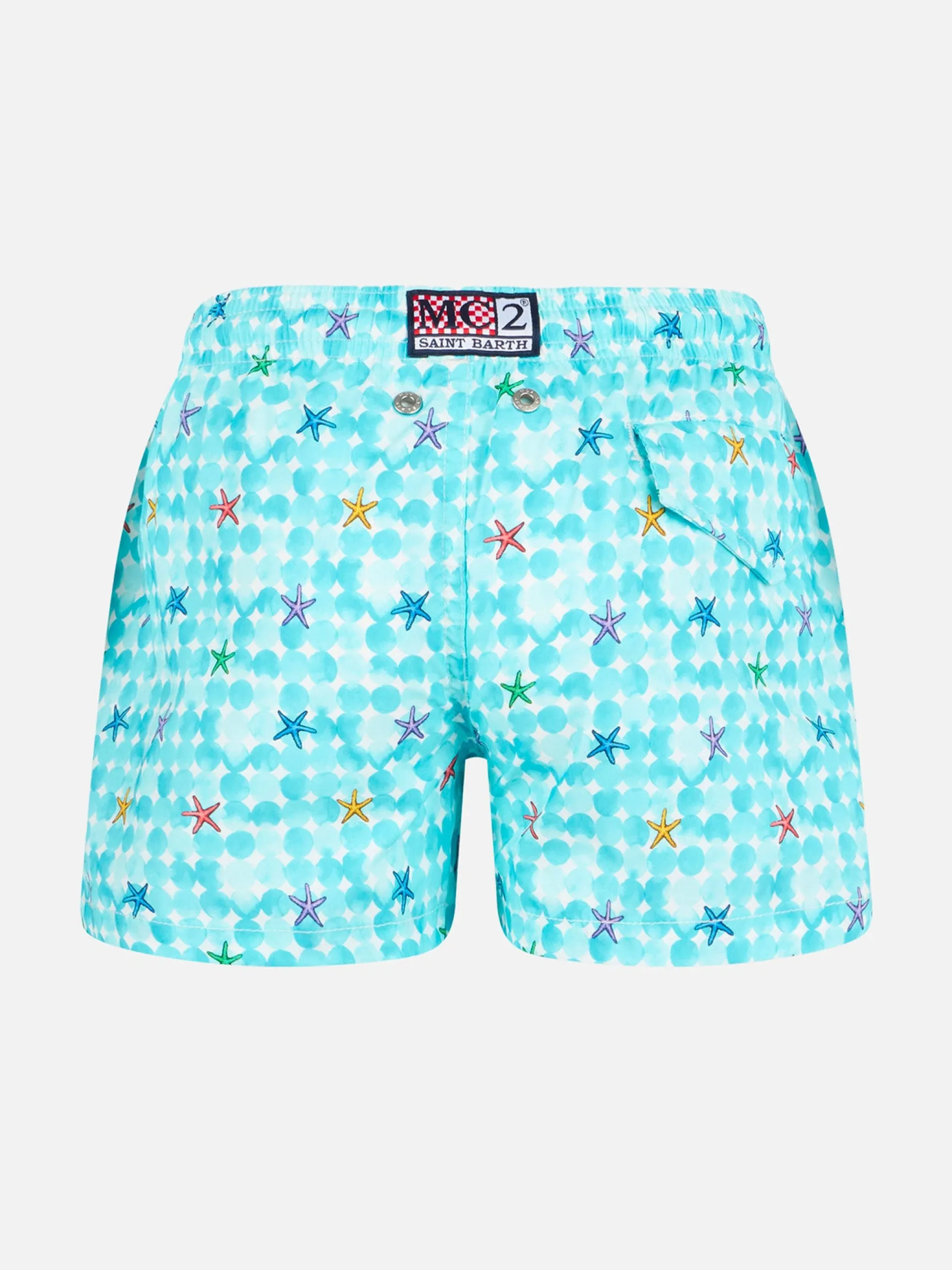 Costume da bagno da bambino azzurro con stampa stelle marine e tessuto comfort