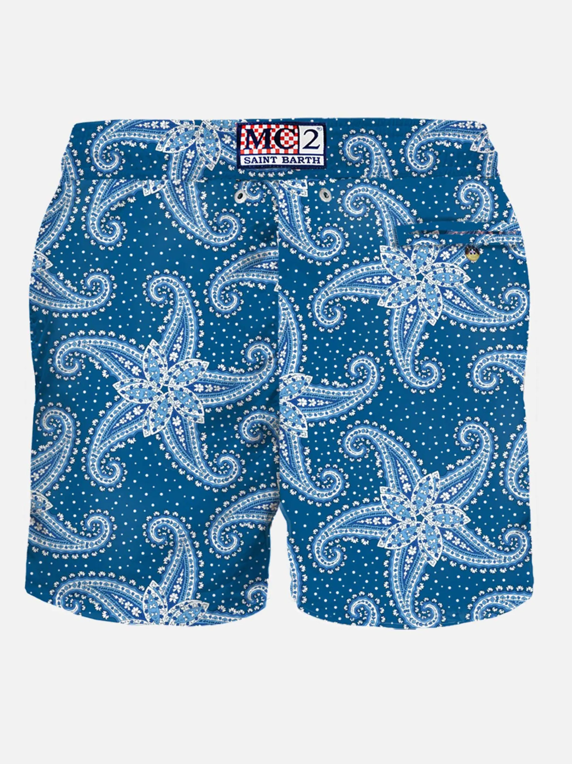 Costume da bagno da uomo in tessuto leggero con stampa paisley blu