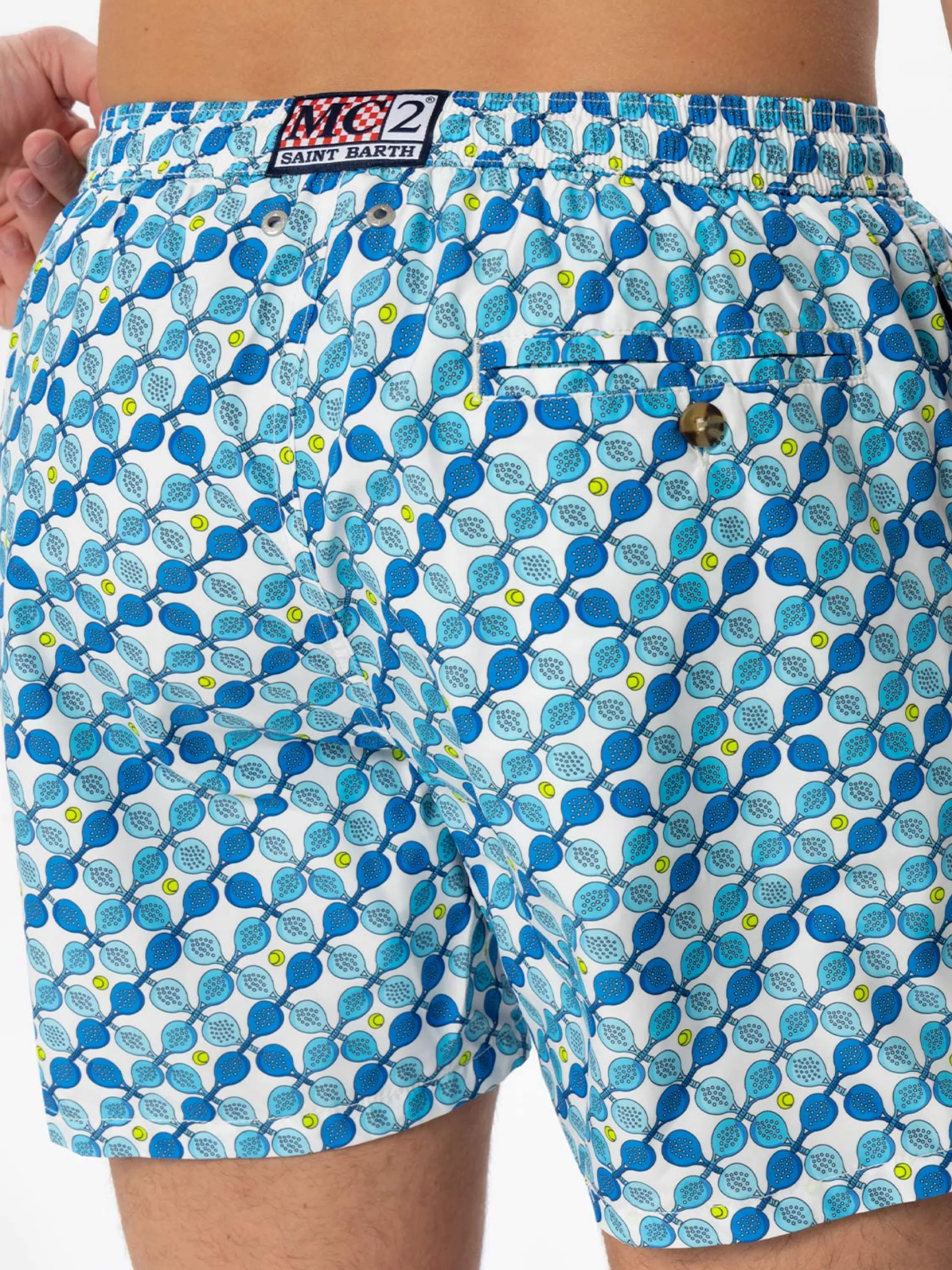 Costume da bagno da uomo in tessuto leggero con stampa racchette padel