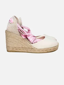 Espadrillas in canvas stampa naturale con zeppa alta e laccio alla caviglia