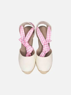 Espadrillas in canvas stampa naturale con zeppa alta e laccio alla caviglia