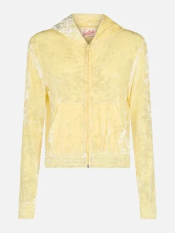 Felpa con cappuccio e cerniera in ciniglia giallo pallido da donna Jasmine