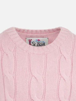 Maglia da bambina girocollo intrecciata con stampa Saint Barth in lurex