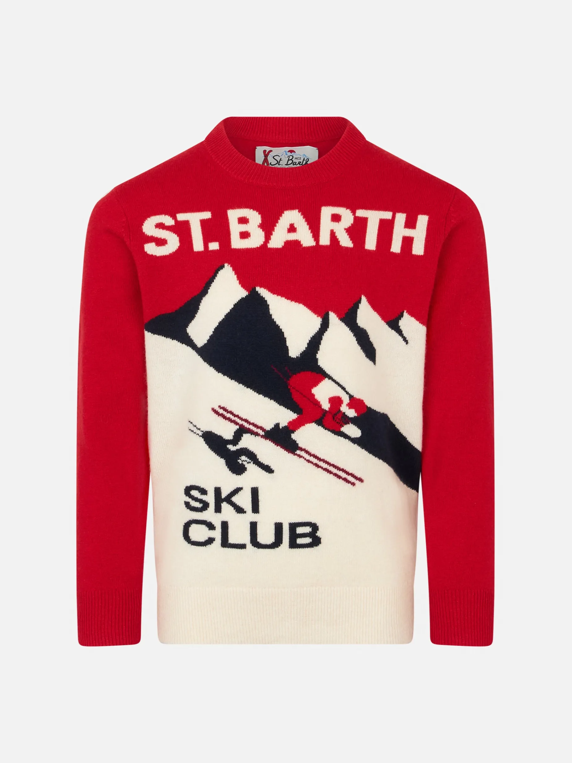 Maglia da bambino girocollo con stampa jacquard cartolina St. Barth Ski Club