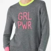 Maglia da donna grigia ricamo GIRL PWR fluo e dettagli fluo