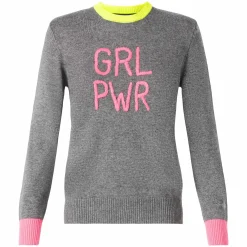 Maglia da donna grigia ricamo GIRL PWR fluo e dettagli fluo