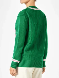 Maglia da donna scollo a v intrecciata con patch