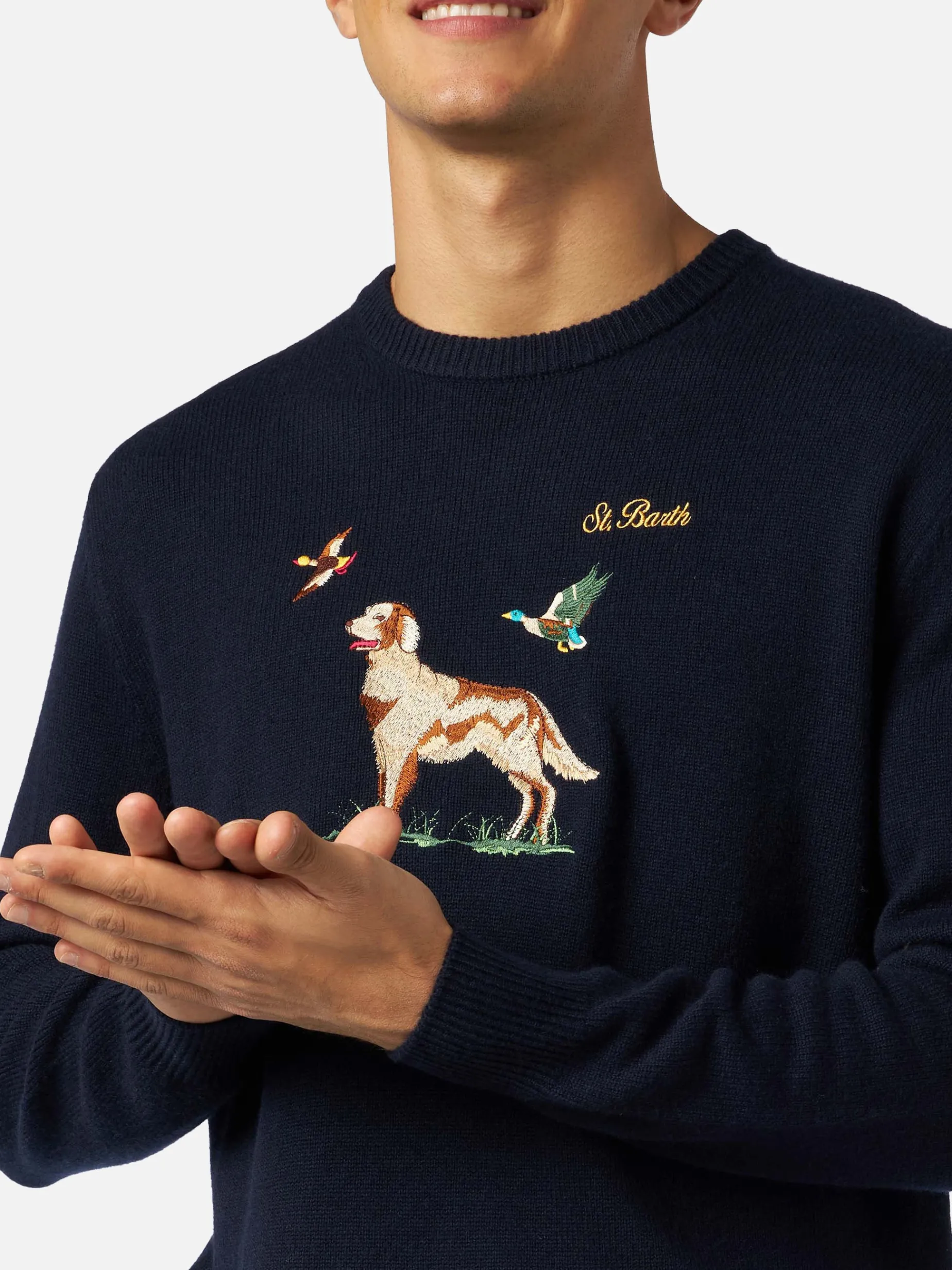 Maglia da uomo girocollo in donegal con stampa jacquard puntatore inglese