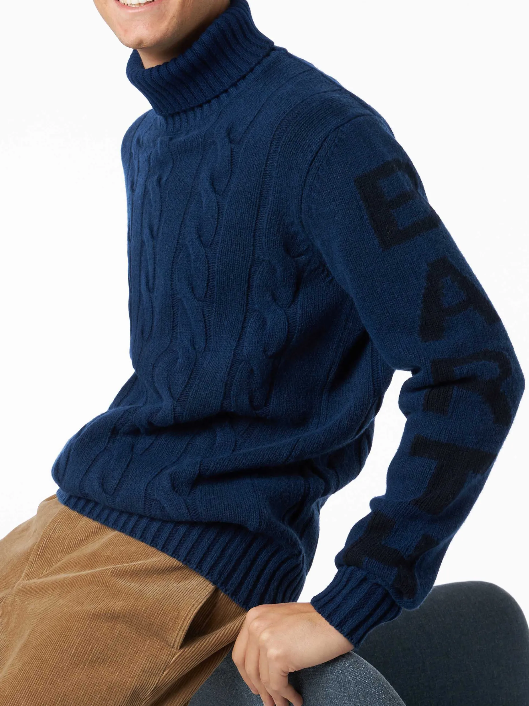 Maglia da uomo vintage blu intrecciata a collo alto pesante