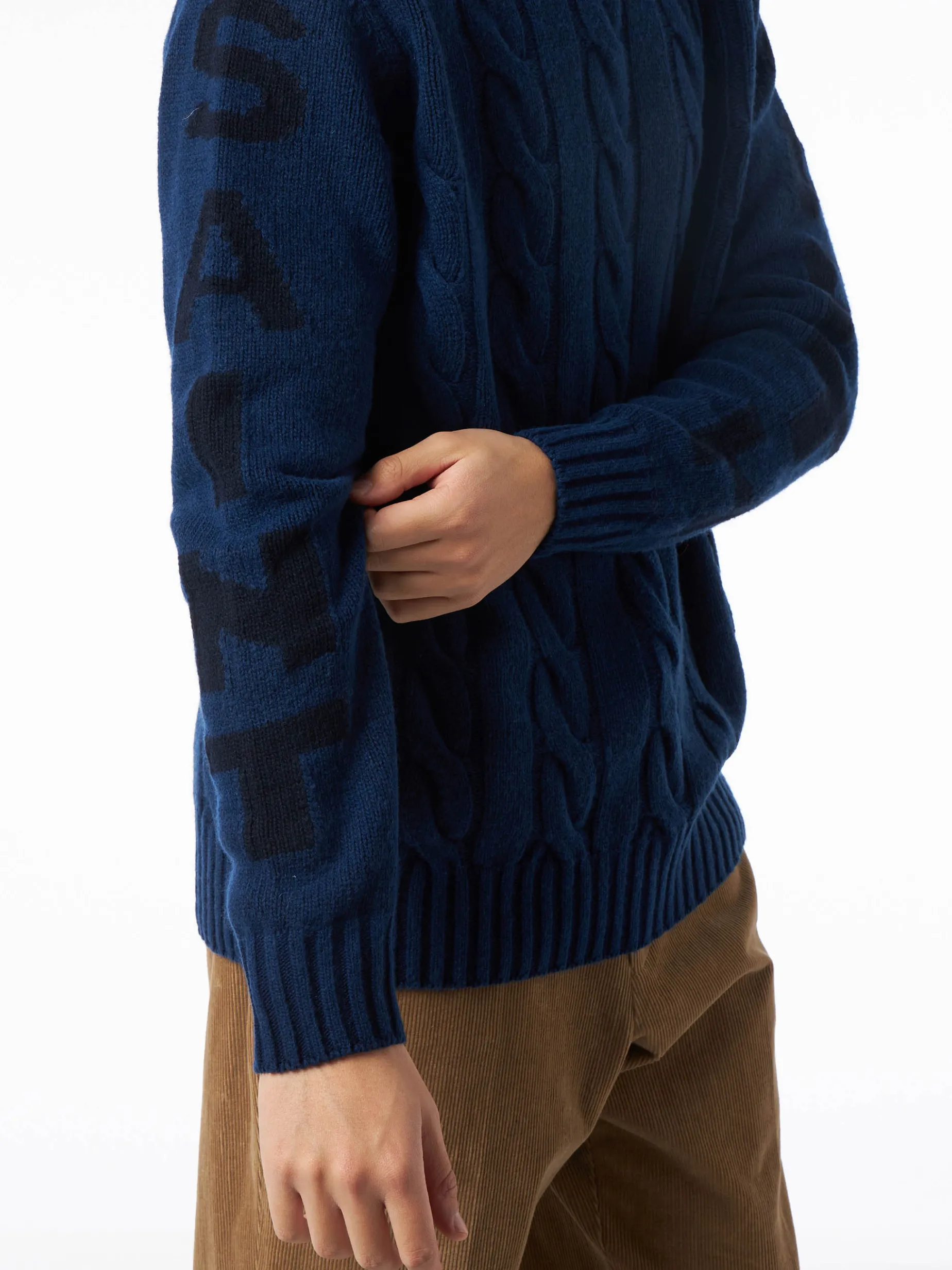 Maglia da uomo vintage blu intrecciata a collo alto pesante