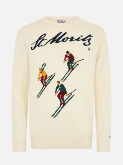 Maglione bianco da uomo Heron con stampa jacquard St. Moritz ski | ST. MORITZ TOP OF THE WORLD SPECIAL EDITION