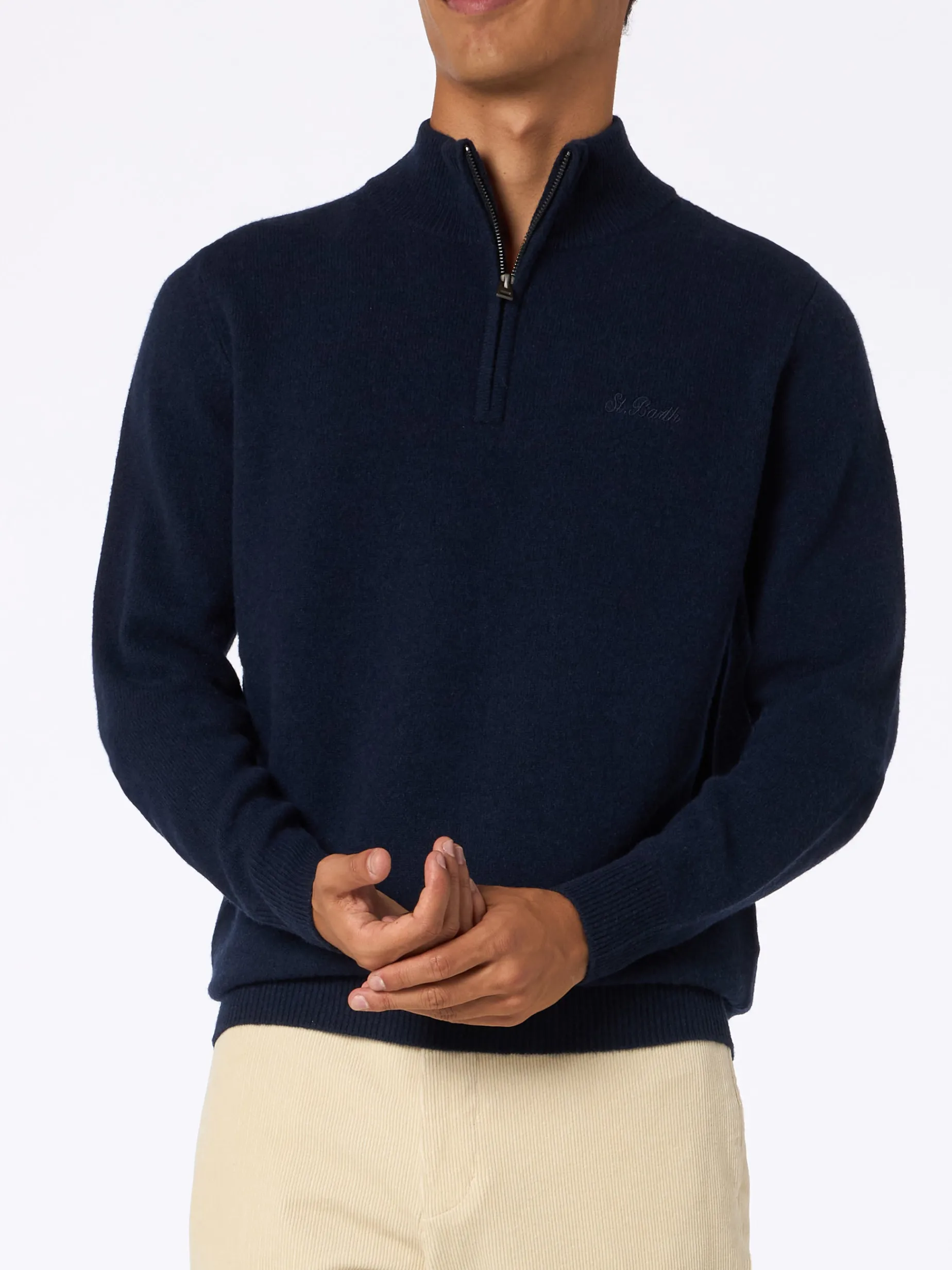 Maglione blu in Lambswool con cerniera a un quarto da uomo Jermyn